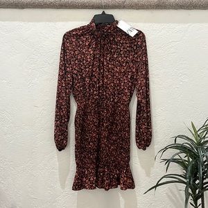 ZARA Women’s Turtle Neck Floral Smocked Bodice Mini Long Sleeve Dress Size XS